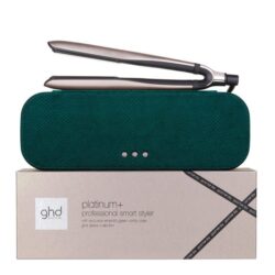 Plancha GHD Styler Platinum + Desire en acabado plata cálida con neceser verde esmeralda, ideal para peinados profesionales y personalizados.