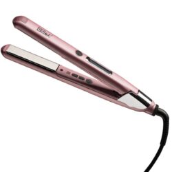 Plancha Digital de Titanio Rosa con placas de titanio y tecnología Nano Silver sobre superficie blanca, perfecta para tratamientos de cuidado del cabello, dando brillo y suavidad al cabello.