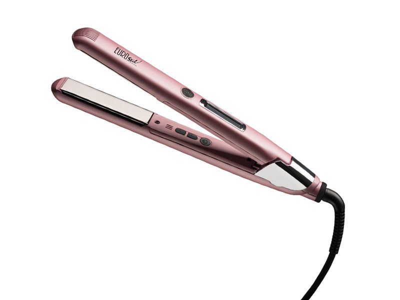 Plancha Digital de Titanio Rosa con placas de titanio y tecnología Nano Silver sobre superficie blanca, perfecta para tratamientos de cuidado del cabello, dando brillo y suavidad al cabello.